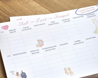 Stadt Land Hochzeit – Spielblock A4 mit 50 Blatt, lustiges Hochzeitsspiel für Gäste, Tischspiel für Hochzeitsfeier, Polterabend und JGA