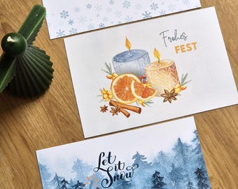 Weihnachtskarten Set Schneemann | 3 Weihnachts-Postkarten B6 | mit Kraftpapier-Briefumschlag | Postkarten Set für Weihnachtspost