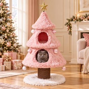 Pink Christmas Tree Cat Tower with Double Condos, Scratching Post and Hanging Ornaments