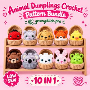 May include: A crochet pattern bundle titled Animal Dumplings Crochet Pattern Bundle by greenystitch pro featuring ten small stuffed animals in tan baskets. The animals include a red ladybug, grey cat, tan dog, orange fox, yellow chick, brown bear, grey koala, white bear, pink rabbit, and green frog.