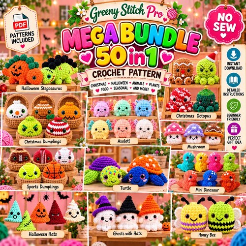 Crochet Pattern Mega Bundle | 50 in 1 |Amigurumi Patterns | Halloween Christmas Axolotl Octopus Dumplings Ghost Turtle Bee | Beginner PDF