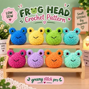 May include: Eight round, plush, crocheted frog heads in blue, yellow, lime green, teal, magenta, lavender, orange, and mint green. Each has black safety eyes and a stitched mouth. The text reads FROG HEAD Crochet Pattern and greeny stitch pro.