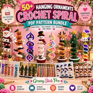 May include: A digital bundle of 50+ crochet spiral hanging ornament PDF patterns featuring various seasonal designs like Santa, snowmen, pumpkins, and trees. The image displays multiple finished crochet ornaments and text labels.