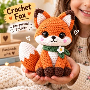 May include: A crocheted fox amigurumi toy with orange, white, and dark brown yarn, featuring large black eyes, a green scarf with a white flower, and a bushy tail. The text Crochet Fox Amigurumi Pattern is visible in the upper left corner.