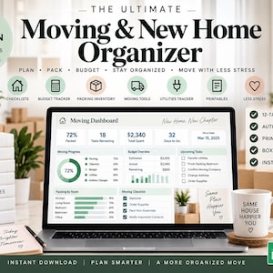 May include: A digital moving and new home organiser displayed on a laptop screen, featuring a dashboard with checklists, budget trackers, and packing inventory. The set includes a 12-tab spreadsheet, automated calculations, and printable PDF files.