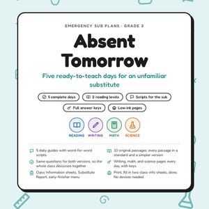 May include: A digital document titled Emergency Sub Plans Grade 3 Absent Tomorrow, featuring five ready-to-teach days for a substitute. It includes sections for reading, writing, math, and science, with icons for answer keys, low-ink pages, and scripts.