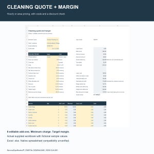 May include: A digital spreadsheet template titled Cleaning quote and margin, featuring columns for business details, job pricing, labor hours, and service add-ons. The layout includes editable yellow cells for inputting data and gray cells for calculated totals.