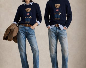 Jersey azul marino con diseño de oso de Ralph Lauren / Jersey vintage de cuello redondo / Regalo para ella y para él