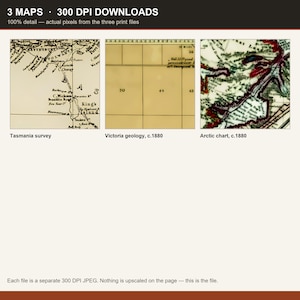 May include: A digital collection of 3 maps featuring 300 DPI downloads. The set includes a black and white Tasmania survey map, a beige Victoria geology map from circa 1880, and a colourful Arctic chart from circa 1880 showing land and water.