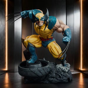 Könnte beinhalten: Eine detaillierte Sammlerfigur des Charakters Wolverine in einer geduckten, aggressiven Pose. Die Figur trägt einen gelb-blauen Anzug mit einer Maske mit schwarzen, ohrenartigen Spitzen und hat lange, scharfe Metallklauen an beiden Händen.