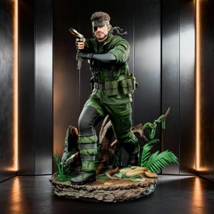May include: A detailed collectible figurine of a soldier in a green tactical uniform, wearing a black eye patch and headband. The figure holds a handgun with both hands, standing on a textured base with wood and green foliage elements.
