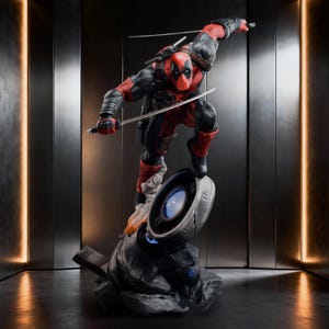 以下が含まれることがあります： マスクを着用し、赤と黒のスーツを着たキャラクターの精巧なアクションフィギュア。2本の銀色の刀を構え、青い光を放つ円形の機械部品を備えた岩のような台座の上で、ダイナミックに跳躍するポーズをとっている。