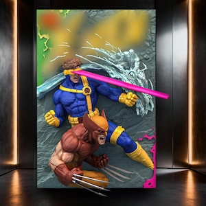 Può includere: Un'opera d'arte murale tridimensionale che raffigura un Ciclope scolpito in tuta blu e gialla che spara un raggio ottico rosa brillante, sopra un Wolverine accovacciato con dettagli marroni e gialli e artigli d'argento su sfondo testurizzato.