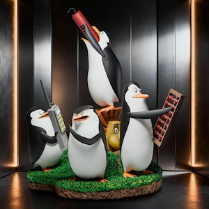 May include: A group of four stylised penguin figurines standing on a patch of green grass. One penguin holds a grey walkie-talkie, another holds a wooden abacus, one stands in the centre, and the fourth holds a red stick of dynamite in its beak.