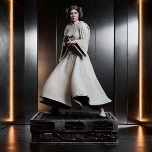 May include: A detailed collectible figurine of a character with brown hair styled in two side buns, wearing a long, flowing white hooded dress. The figure stands on a dark, rectangular industrial-style base and holds a small black blaster weapon.
