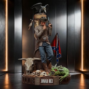 May include: A Jonah Hex collectible statue featuring a figure in a brown jacket, blue trousers, and cowboy hat, leaning against a wooden post with a vulture on top. The base includes a cow skull, human skulls, a green creature, and a flag.