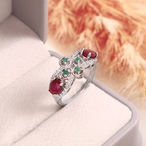Ruby Emerald Ring in 925 Sterling Silver | Multistone Gemstone Statement Ring