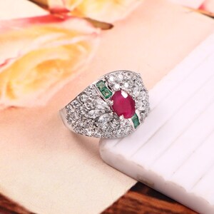 Ruby Emerald Ring | 925 Sterling Silver Luxury Statement Ring with American Diamonds