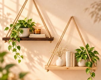 Op de afbeelding: Twee driehoekige hangplanken van hout en dik touw. De linkerplank van donkerbruin hout bevat een groene plant in een pot en een kaars. De rechterplank van licht natuurlijk hout bevat een witte vaas met droogbloemen en een groene plant.