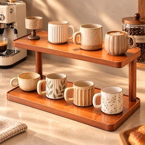 May include: A two-tiered wooden display shelf holding eight ceramic mugs and cups of various shapes, textures, and patterns, including ribbed, speckled, and botanical designs, arranged on two rectangular wooden platforms.