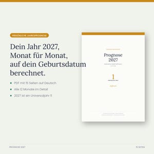 Könnte beinhalten: Ein digitales Dokument mit dem Titel Prognose 2027 mit goldenem Kopf- und Fußbereich. Der Text lautet Dein Jahr 2027, Monat für Monat, auf dein Geburtsdatum berechnet und beschreibt einen 15-seitigen PDF-Bericht mit monatlichen Details.