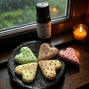 Puede incluir: Un frasco pequeño de vidrio marrón con la etiqueta True Aroma Vanilla, una vela encendida en un portavelas y cinco objetos porosos en forma de corazón de colores verde claro, amarillo, beige y rosa sobre una bandeja de piedra negra.