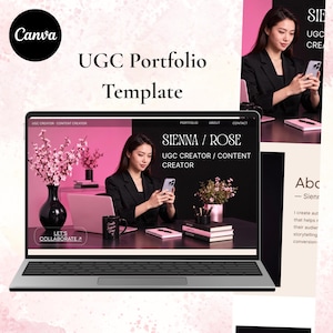 May include: A digital UGC portfolio template displayed on a laptop screen, featuring a pink and black color scheme. The design includes the text Sienna / Rose, UGC Creator / Content Creator, and Let's Collaborate, alongside imagery of a person.