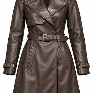 Casaco trench coat feminino marrom escuro em couro, jaqueta longa de couro com cinto, casaco vintage com lapela dupla, elegante peça de inverno.