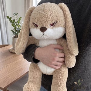 May include: A plush rabbit toy with tan, shaggy fur and a white chest and muzzle. The stuffed animal features long, floppy ears, a dark brown nose, and narrow, red-tinted eyes that give it a stern, grumpy expression. The texture is soft and fuzzy.
