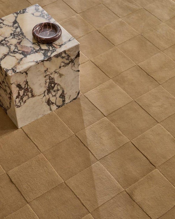 Toffee Brown Hand Tufted Rug, High Low Checkerboard Area Rug, Modern Geometric Textured Carpet, Neutral Living Room Rug