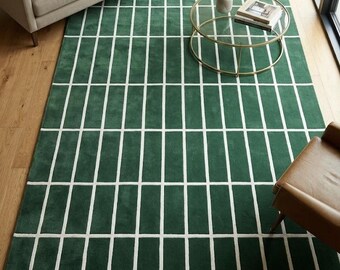 Hand Tufted Green Grid Rug, Emerald Green Geometric Area Rug, Modern Ivory Checkered Carpet, Handmade Living Room Rug | Cut And Loop Rug