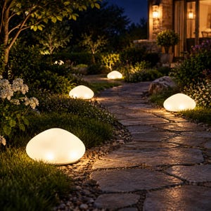 May include: Multiple smooth, rounded, white stone-shaped outdoor lights are placed along a stone garden path. Each light emits a soft, warm glow, illuminating the surrounding green grass and foliage during the evening hours.