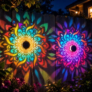May include: Two circular solar-powered wall lights mounted on a wooden fence, projecting vibrant, multi-colored mandala-style light patterns in shades of blue, yellow, pink, and purple against the dark vertical wooden planks.