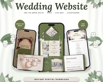 May include: An editable Canva wedding website template featuring three smartphone screens displaying invitation details, a countdown timer, and an RSVP form. The design includes floral accents, wedding rings, and text such as Wedding Website, Natalie & James, and You're Invited.