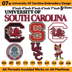 Może przedstawiać: Zestaw cyfrowych wzorów hafciarskich z napisem University of South Carolina, różnymi logotypami, w tym maskotką walczącego koguta, okrągłą pieczęcią i literami blokowymi. Obraz zawiera tekst wskazujący rozmiary 3, 4, 5, 6 i 7 cali.