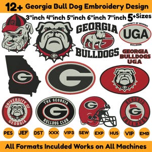 Puede incluir: Una colección de más de 12 diseños de bordado de Georgia Bulldogs en rojo, negro y blanco. Incluye caras de bulldog, la letra G, un casco de fútbol americano y el estado de Georgia. El texto incluye Georgia Bulldogs, UGA y University of Georgia.