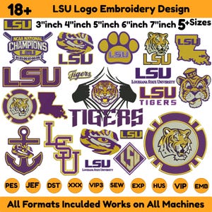 May include: A collection of LSU logo embroidery designs in purple and gold, featuring tiger heads, paw prints, the state of Louisiana, anchors, and text including LSU, Tigers, and Louisiana State University. Includes 3, 4, 5, 6, and 7 inch sizes.