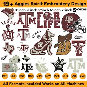 Puede incluir: Una colección de diseños de bordado Aggies en granate y blanco con el logotipo ATM, un casco de fútbol americano, un perro collie, un personaje con sombrero, una estrella y el texto 19+ Aggies Spirit Embroidery Design 3 inch 4 inch 5 inch 6 inch 7 inch 5+Sizes.