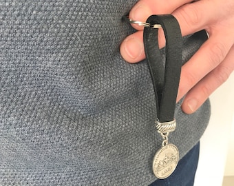 BLACK LEATHER KEYCHAIN, accessories  for men, custom mens keychain, custom keychain, gift for boy, for Father's Day, coin keychain