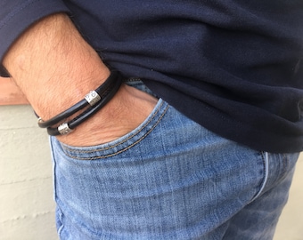 BLACK MENS BRACELET, eco leather bracelet for him and her, unisex jewelry, jewelry for men, gift for boy, summer trend