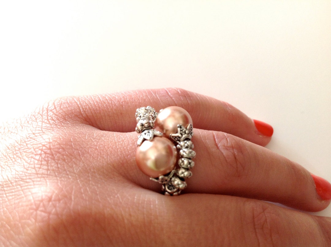 DOUBLE PEARL RING, Elastic Ring, Handmade Ring, Big Perls Ring ...