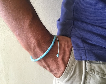 SIMPLISTIC BEADED BRACELET, mens turquoise bracelet for men, unisex, adjustable length bracelet for boy, for dad, handmade in Italy