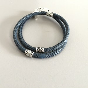 MENS PERSONALIZED BRACELET, blue motif python leather bracelet for men, unisex jewelry, double round bracelet for men, for boy