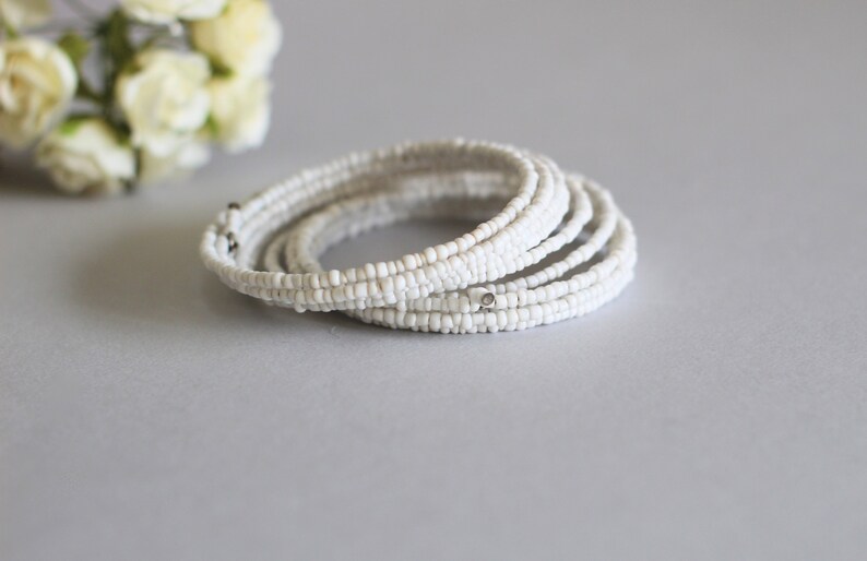 WHITE BEADED BRACELET, elastic multi round bracelet, adjustable, gift for girl, for women, for her, chic, romantic gift, handmade bracelet