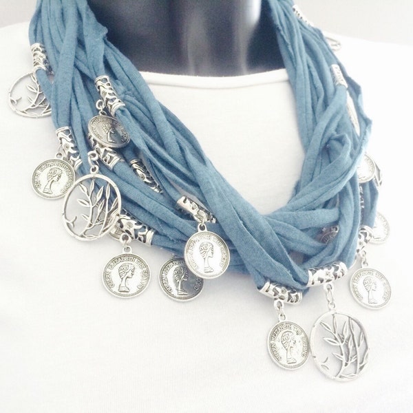 FIBER SCARF NECKLACE, fabric cotton cord with metal disc necklace, multi thread fabric necklace with pendants, gift for her, t-shirt neck