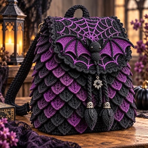 May include: A crochet backpack featuring a black and purple scale-like texture. The flap displays a purple spiderweb pattern and a central bat motif. It includes two drawstring cords with decorative metal beads and a small spiderweb charm.