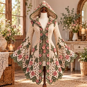 May include: A beige crochet hooded cardigan featuring long flared sleeves and an open front with a tie closure. The garment is decorated with three-dimensional pink flower appliqués and green crocheted leaves along the edges and sleeves.