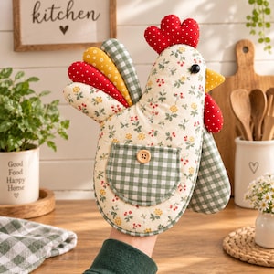 Könnte beinhalten: Ein Ofenhandschuh aus Stoff in Form eines Huhns mit cremefarbenem Körper und Blumenmuster, einer grün-weiß karierten Tasche mit Holzknopf, einem roten, gepunkteten Kamm und Kehllappen sowie einem Schwanz mit roten, gelben und grünen Akzenten.