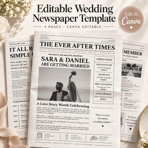 Può includere: Un modello di giornale di nozze modificabile di quattro pagine, con il titolo The Ever After Times, una fotografia in bianco e nero di una coppia e testo che descrive un evento di nozze per Sara e Daniel, progettato per Canva.