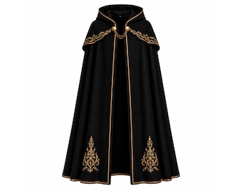 Black Gold Embroidered Hooded Cloak, Medieval Fantasy Cape, Gothic Renaissance Costume, Royal Wizard Cloak, Cosplay LARP Outfit
